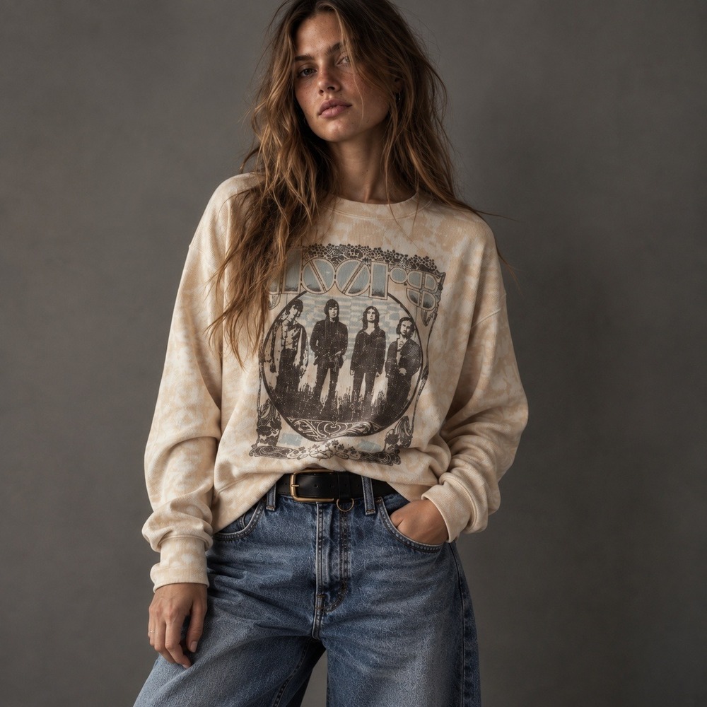 Free People The Doors 1968 Cropped Thermal Band Tee Long Sleeve 1X NWT